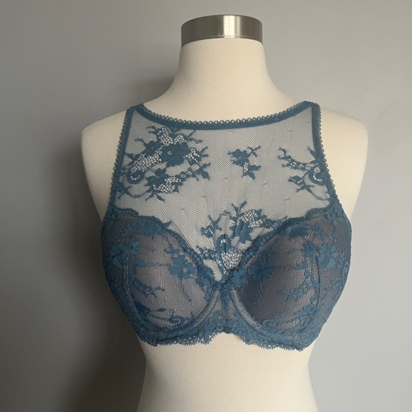 NWT Victoria's Secret High Neck Lace Mesh Blue Bra - Picture 2 of 6